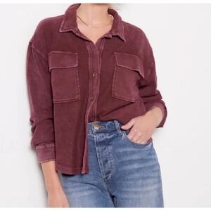 Evereve Womens Mineral Wash French Terry Button Down Shirt Jacket Burgundy M